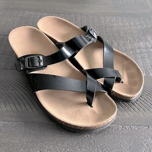 VeganBio Black Toe Loop Sandals Women 7.5 Comfort Cork Footbed Birkenstock Style
